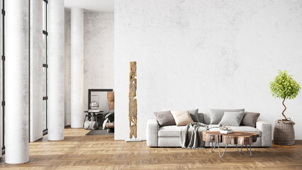 Modern beautiful interior with columns, white wall, large windows, high ceiling and stylish furniture. Bright loft design. 3D rendering