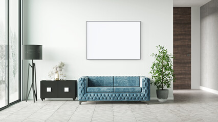Mock up poster frame in modern interior background, living room, Scandinavian style, 3D rendering
