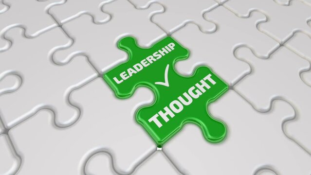 Leadership thought. Final piece of the puzzle. Folded white puzzles elements and one final green piece of the puzzle with text LEADERSHIP THOUGHT and a check mark. Footage video