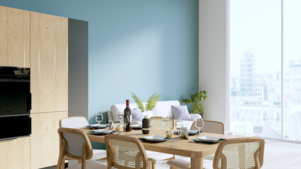 Modern stylish kitchen interior, room with wooden floor, table and sofa. 3D rendering
