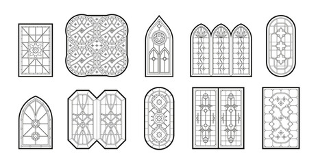 Gothic windows. Vertical geometrical big window frames with catholic mosaic decoration garish vector illustrations set