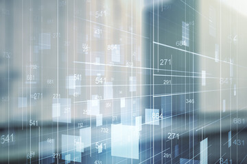 Fototapeta premium Double exposure of abstract virtual statistics data hologram on modern business center exterior background, statistics and analytics concept