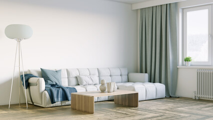 Beautiful interior of a modern room. Bright and clean design. A sofa standing by a large window against a wall background. 3D rendering