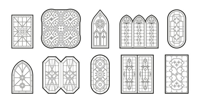 Gothic windows. Vertical geometrical big window frames with catholic mosaic decoration garish vector illustrations set