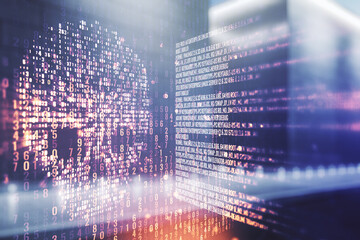 Abstract virtual code skull hologram on blurry contemporary office building background, cybercrime...