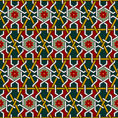 Red Flower on Green Yellow Geometric ethnic oriental pattern traditional Design for background,carpet,wallpaper,clothing,wrapping,Batik,fabric,  illustration embroidery style - 487122661