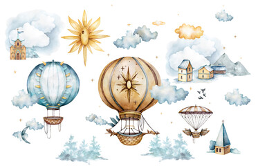 Watercolor collection with air balloons,clouds,rainbow, flower in pastel colours.Handpainted air ballons beautifully decorated on white background,pastel clouds and multicolored flags.Watercolor set