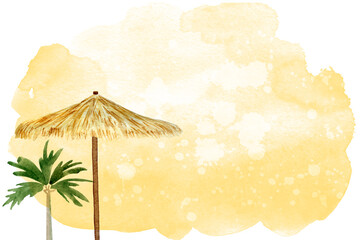 Beach umbrella and palm tree watercolor background. Template for decorating designs and illustrations.	

