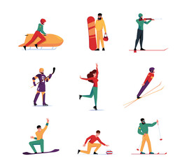 Winter sport games. Skiing sledding snowboarding olympic games athletes garish vector flat people