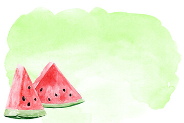 Watermelon slices background watercolor green. Template for decorating designs and illustrations.	
