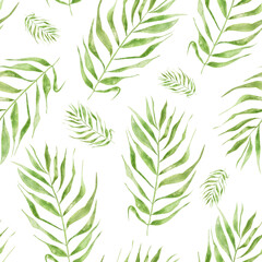 Wide palm leaves watercolor seamless pattern. Template for decorating designs and illustrations.	