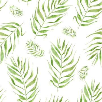 Wide palm leaves watercolor seamless pattern. Template for decorating designs and illustrations.	
