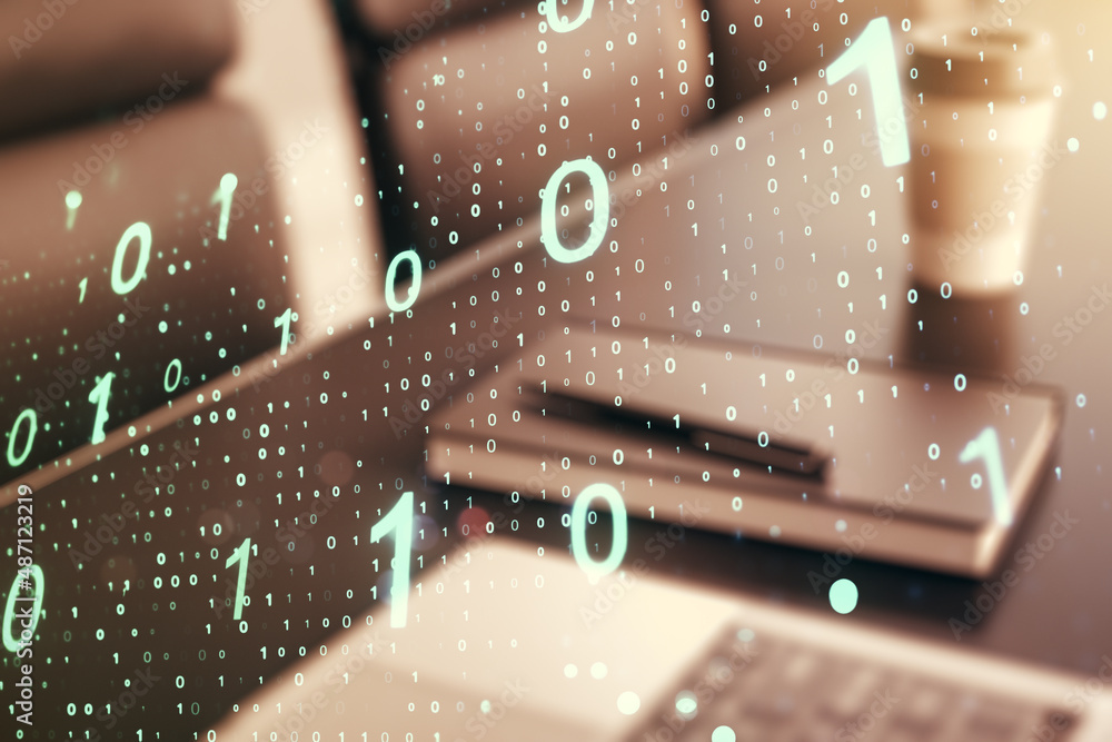 Poster creative abstract binary code sketch on modern laptop background, hacking and matrix concept. multie