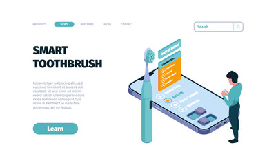 Dental care landing. Smart toothbrush system medical concept for hygiene mouth garish vector business web page template