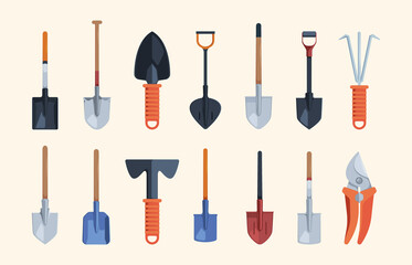 Garden tools. Rakes shovels garden watering cans agricultural objects garish vector pictures set