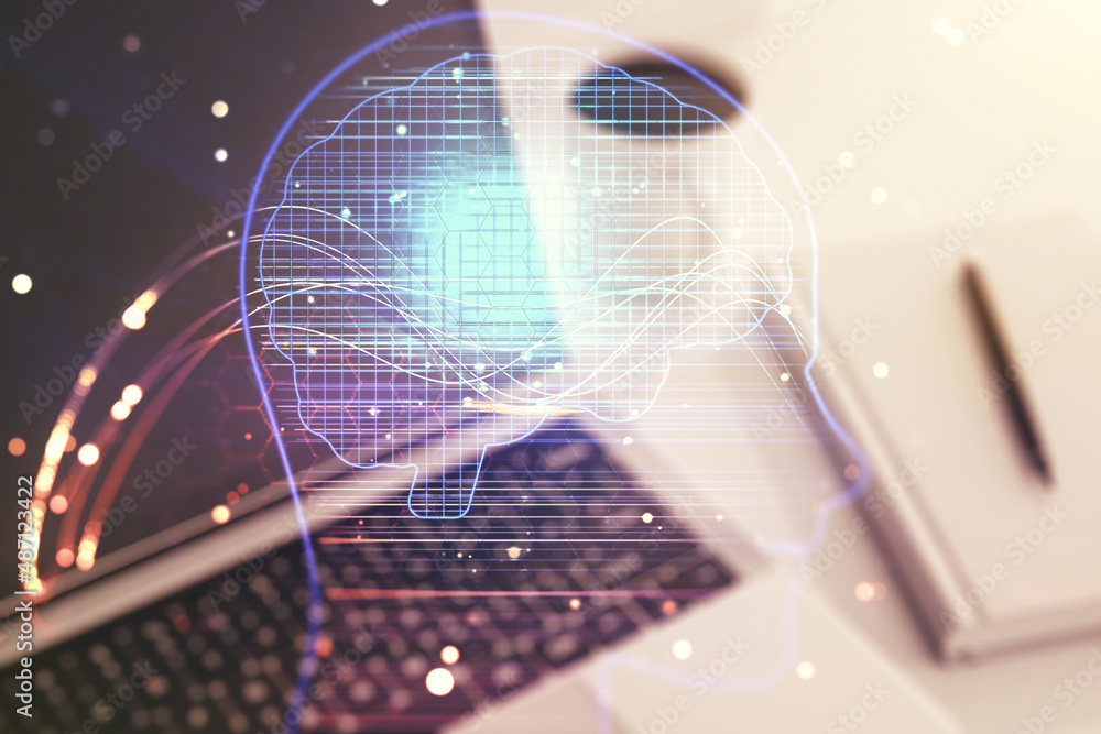 Poster double exposure of creative human head microcircuit with computer on background. future technology a