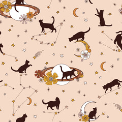 Moony black cat Constellation Floral moon Boho Halloween vector seamless pattern. Black pussycat silhouette among stars light background. Esoteric galaxy night sky surface design.