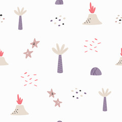 Obraz premium Abstract seamless pattern with hand drawn elements palm, volcano, stars.