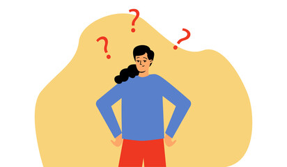 The woman is surprised, a questioning look. A thoughtful young woman. The girl asks a question. Vector illustration