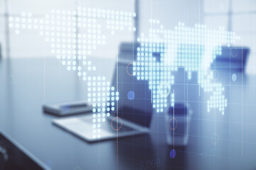 Double exposure of abstract digital world map on computer background, big data and blockchain concept