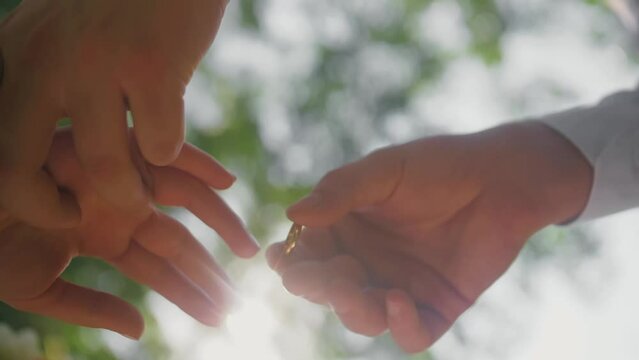 Close Up Hands Of Groom Put On Golden Wedding Ring To Bridal. Happiness Moment In Love Of Couple In The Wedding Day Ceremony. Green Country Park Background. Bottom View. Sunlight Through Your Fingers