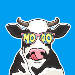 Cute cow wear glasses. Animal vector icon illustration, isolated on premium vector