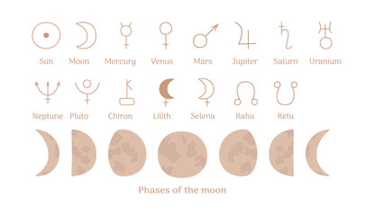 Astrological set of symbols of planets, phases of the moon. These icons are used in astrology, astronomy, natal, star maps, horoscopes, jyotish. - obrazy, fototapety, plakaty