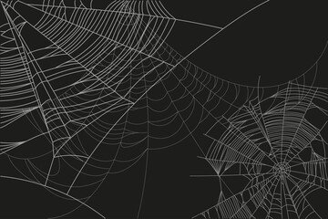 Spider web parts isolated on black background. Scary cobweb outline decor. Vector design elements for Halloween, horror, ghost or monster party, invitation and posters.