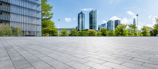 Panoramic skyline and modern commercial buildings with empty floors at Shenzhen, China. empty square floors and cityscape. - obrazy, fototapety, plakaty