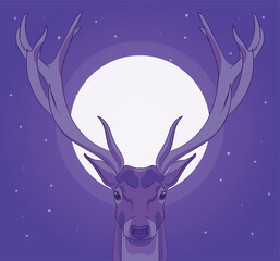 Lineart portrait (head) of a cute deer in purple tones against the background of the moon. Snowing. Winter vector illustration. Night sky.
