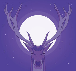 Lineart portrait (head) of a cute deer in purple tones against the background of the moon. Snowing. Winter vector illustration. Night sky.