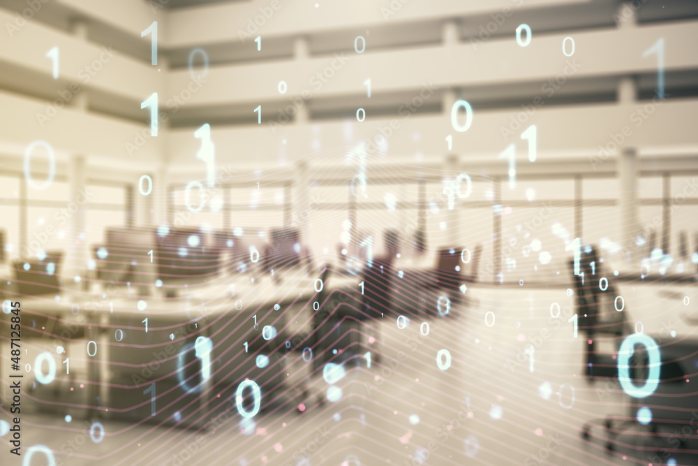 Poster abstract virtual binary code hologram on a modern furnished classroom background, ai and machine lea