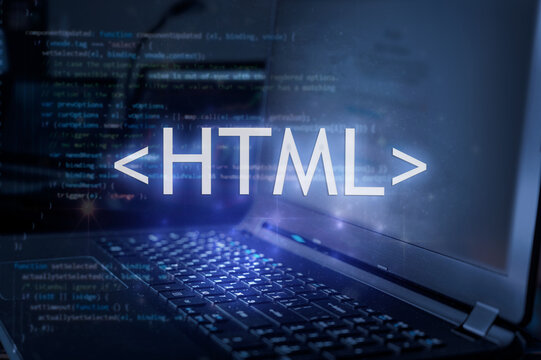 HTML inscription against laptop and code background. Learn html programming language, computer courses, training.