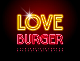 Vector colorful Emblem Love Burger. Red Neon Font. Bright Glowing Alphabet Letters and Numbers