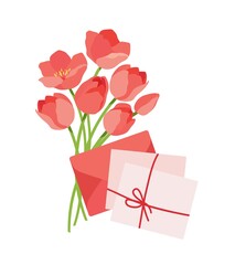 A bouquet of spring red tulips with a letter and an envelope. Logo for the design of postcards for Mother's Day, International Women's Day, Birthday.  Vector isolated colorful element. 