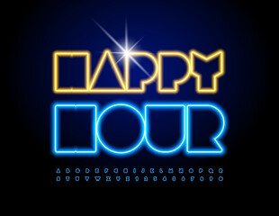 Vector promo card Happy Hour. Abstract style Font. Blue Neon light Alphabet Letters and Numbers set