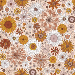 Mystic Boho fall florals vector seamless pattern. Autumn flowers garden background. Groovy Halloween flower power print.