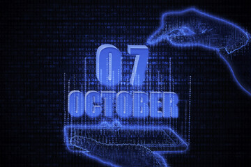 October 7th. A hand holding a phone with a calendar date on a futuristic neon blue background. Day 7 of month.