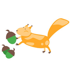Vector illustration of a red cartoon squirrel stacking nuts. The squirrel collects food. A squirrel with a fluffy tail. isolated.