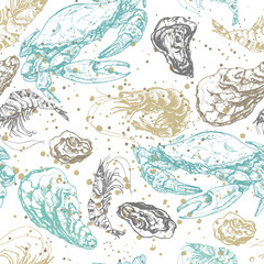 Fototapeta na wymiar 435_Shrimp_oyster_crab_seamless pattern, shrimp, crabs, seashells, blue, brown, white