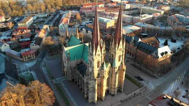 Historic 13h Century Skara Cathedral In Sweden. Remarkable And Popular Landmark In The Town Of Skara In Gothic Architectural Style. drone approach