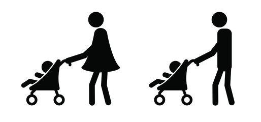 Baby stroller or buggy. Walk for taking care of children. Cartoon vector Baby carriage icon or symbol. Pushchair pictogram. Man or woman walking. Boy or girl.