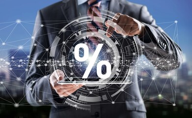 A digital concept of discount and commission. Hand touch digital hologram percent sign