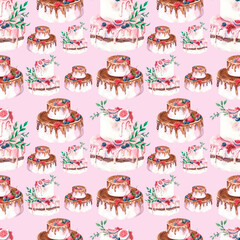 Watercolor seamless pattern. Seamless design with sweet desserts. Watercolor cakes in pattern design.