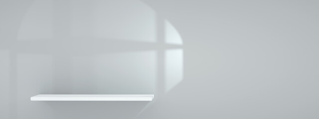 white shelf with window lighting 3d render, panoramic mock-up
