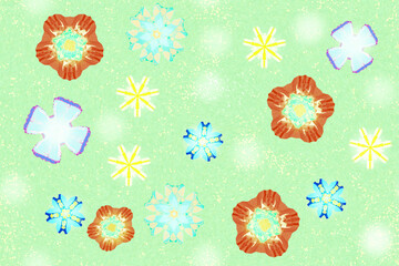 seamless pattern, painted flowers on a meadow, light green background