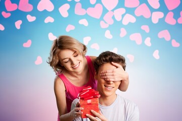Young couple two friends woman man giving gift. Valentine's Day birthday holiday party concept