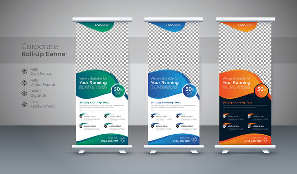 stylish Roll-up banner design stands template for corporate company business layout with Three colors. editable roll-up banner vector template