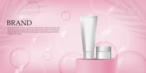 Cosmetic background for product, branding, and packaging presentation on podium stage with the shadow of leaf bubble pink background. vector design.