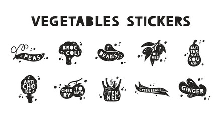 Vegetables, grunge stickers set. Peas, broccoli, beans, olives, artichoke, tomato, fennel, ginger, squash. Black texture silhouette, lettering inside. Imitation of stamp with scuffs - 487131237